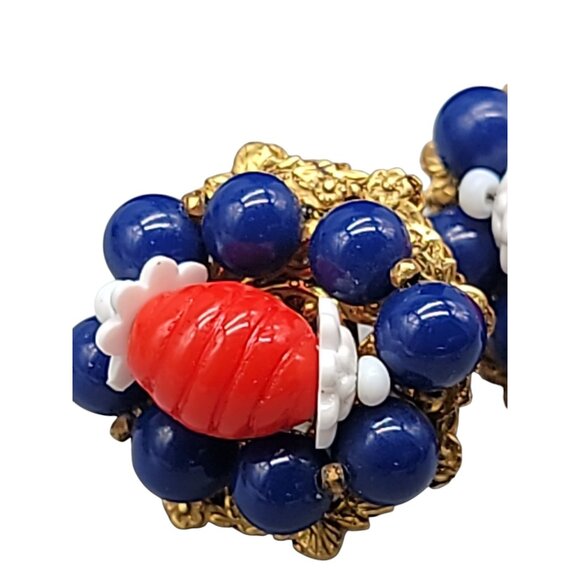 Miriam Haskell Patriotic Bead Cluster Clip On Earrings Rare Vintage Signed Pat # - Picture 3 of 12